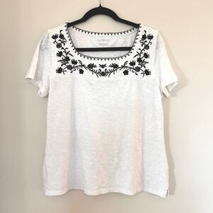 Talbots Womens White Slub Cotton Floral Embroidered Square Neck T-Shirt Small